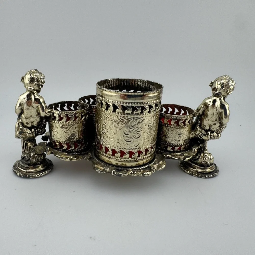 Vintage Small Cherub Vanity Organizer Silver tone  Victorian Red Velvet Putti